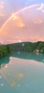 Rainbow over a tranquil lake with scenic landscape.