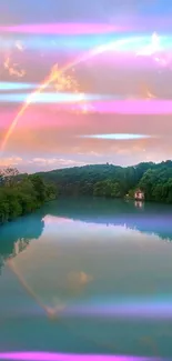 Serene lake with rainbow reflection at sunset.