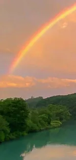 Rainbow arching over a serene lake.