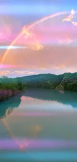 Vibrant rainbow arching over a serene river in pastel colors.