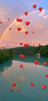 Rainbow over a tranquil river with lush greenery and a colorful sky.