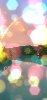 Rainbow arching over a serene lake with lush green trees and a pastel sky.