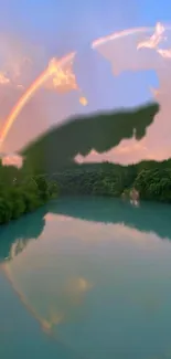 Vibrant rainbow over a tranquil river and lush greenery.