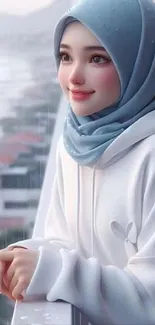 Anime-inspired character in hijab thoughtfully gazing during a rainy day.