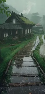 Rainy cottage pathway in lush green landscape.