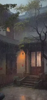 Serene rainy courtyard with glowing lights at night.