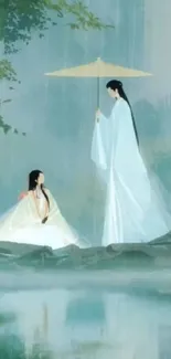 Artistic scene featuring figures under an umbrella in a tranquil landscape.