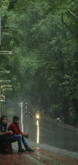 Serene rainy day street with lush greenery and calming atmosphere.