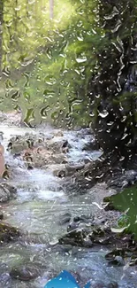 Serene forest stream with rain droplets reflecting nature's tranquility.