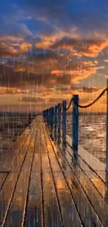 Serene ocean pier in rain at sunset view.