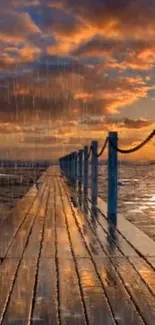 A tranquil pier at sunset with rain falling and dramatic clouds overhead.