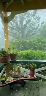 Rainy porch view with lush green plants and serene outdoor scenery.