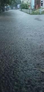 Street covered in rainwater with trees and buildings.