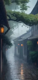 Rain-soaked Japanese street with lanterns.