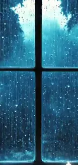 Serene rainy window view with calming blue tones.