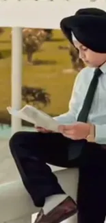 Boy reading outdoors in a peaceful setting.