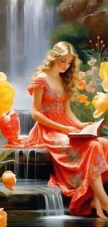 Woman reading by a waterfall surrounded by vibrant flowers in a serene setting.