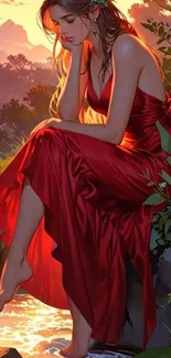 Woman in a red dress by a serene sunset stream.