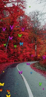 Vibrant red forest pathway in autumn.