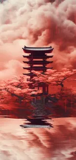 Red Japanese pagoda with clouds and water reflection.