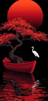 Red boat with a tree and heron against a red sunset.