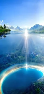 Reflection of mountains on a serene blue lake under a clear sky.