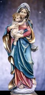 Statue of mother and child on abstract blue background.