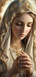 Ethereal figure with intricate robes in serene religious art.