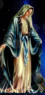 Religious artwork of a serene figure with a blue background.