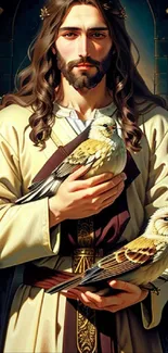 Serene religious artwork with birds.