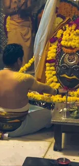 Serene ritual scene with vibrant marigold flowers and traditional elements.