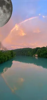 Peaceful river at sunset with moon and lush greenery.