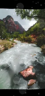 A serene river flows through a lush, green landscape with mountains in the background.