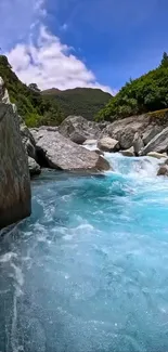 Serene river flowing in rocky mountain landscape.