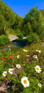 Wildflowers and a serene river under a clear blue sky.