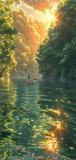 Paddle boarder on a serene river at sunset with lush greenery and vibrant reflections.