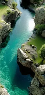 Scenic river canyon with lush greenery and teal waters in a tranquil setting.