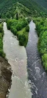 Wallpaper of two rivers meeting in lush green landscape and a mountain background.