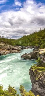 Serene river flowing through vibrant forest landscape with cloudy sky.