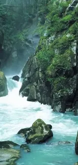 Serene river gorge with lush greenery and flowing water.