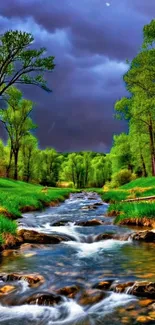 River flowing through lush green landscape under blue sky.