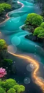 Serene river with lush greenery and glowing path.