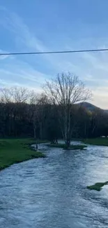 Peaceful river landscape with blue sky and lush greenery.