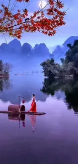 Serene river under blue sky with tree and lush greenery.