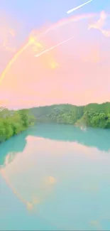 Serene river with rainbow and pastel sky.