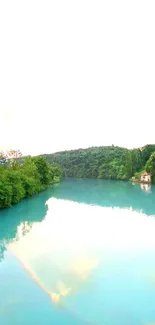 Tranquil turquoise river and green forest reflection wallpaper.