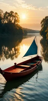 A serene sunset over a river with a wooden boat and lush tree-lined shores.