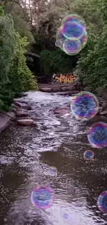 Serene river with floating bubbles in lush greenery.