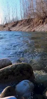 Serene riverbank with tranquil flowing water and rocks, perfect for phone wallpaper.