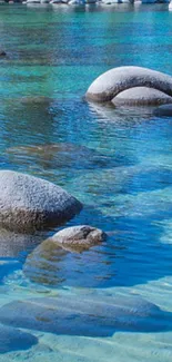 Serene view of a turquoise lake with smooth rocks.